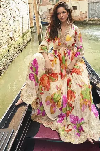 Cream chinon silk embroidered work gown