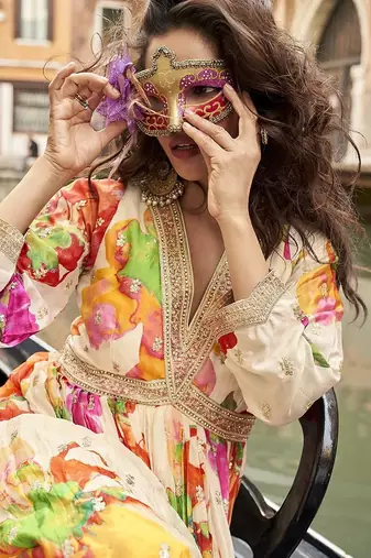 Cream chinon silk embroidered work gown