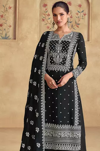 Black georgette with embroidered palazzo suit