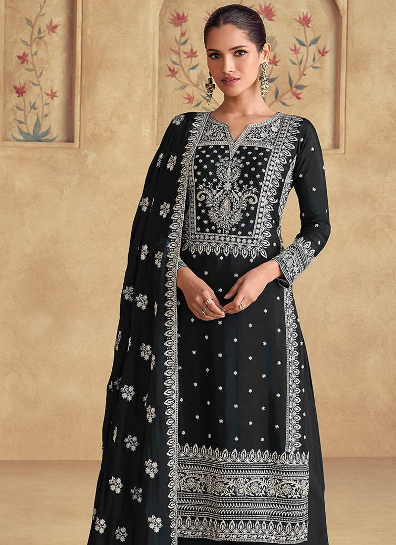 Black georgette with embroidered palazzo suit