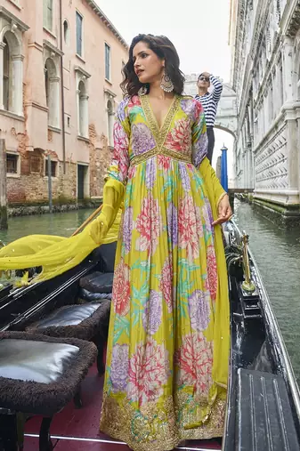 Parrot green chinon silk embroidered work gown