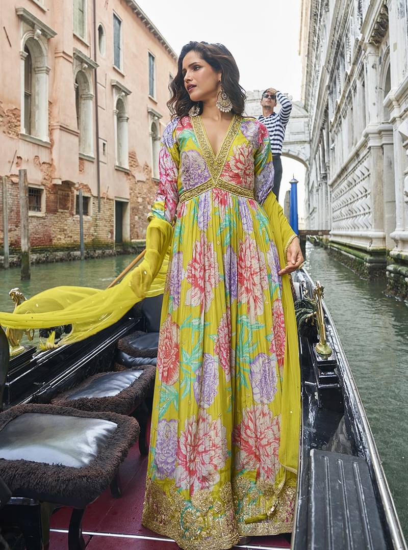 Parrot green chinon silk embroidered work gown