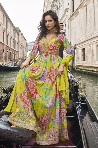 Parrot green chinon silk embroidered work gown