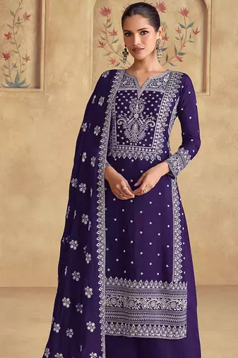Violet georgette with embroidered palazzo suit