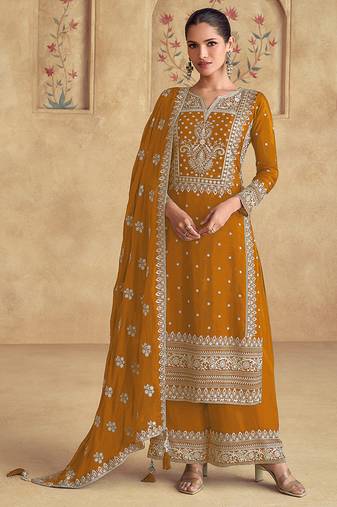 Mustard georgette with embroidered palazzo suit