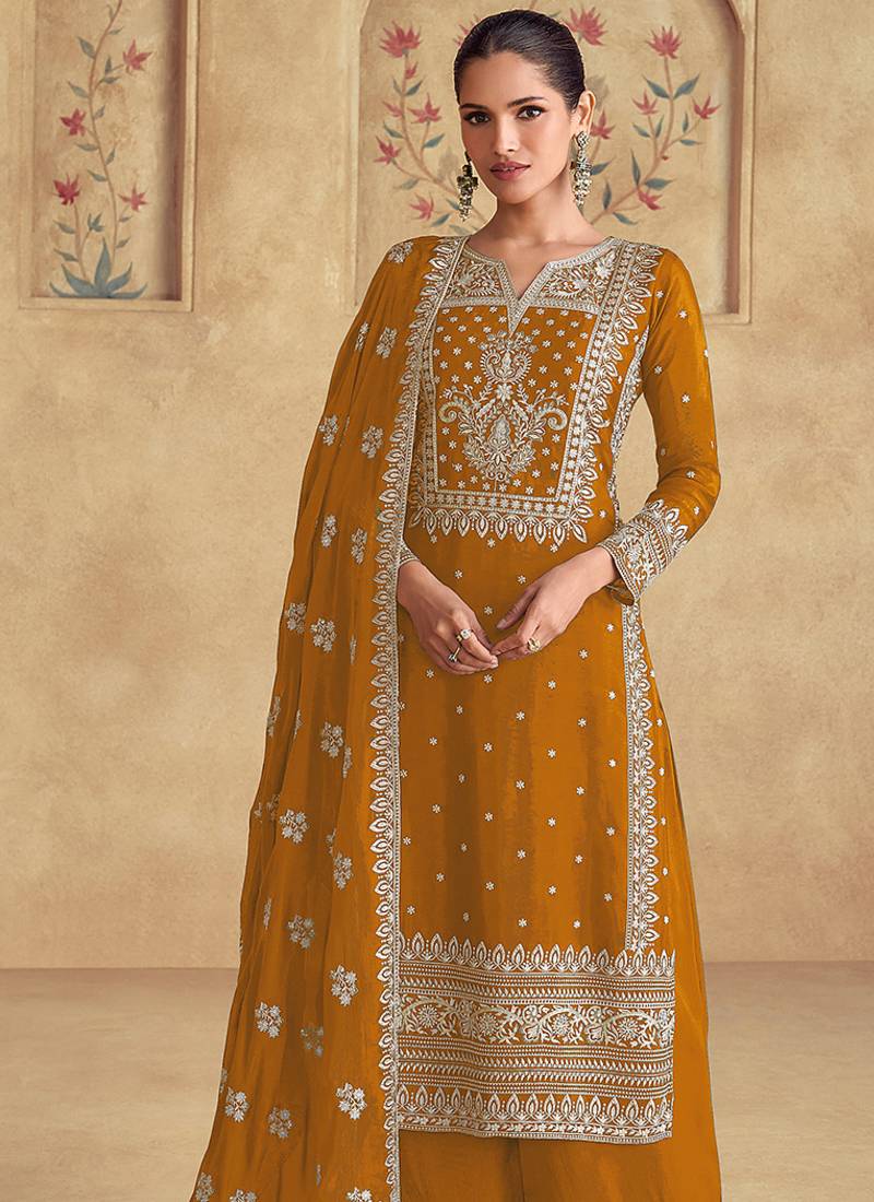 Mustard georgette with embroidered palazzo suit