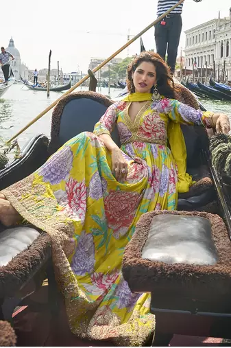 Parrot green chinon silk embroidered work gown