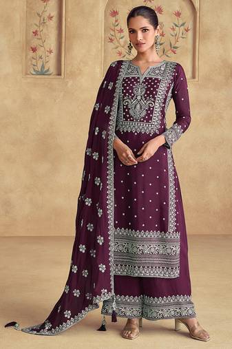 Dark purple georgette with embroidered palazzo suit