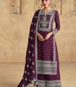 Dark purple georgette with embroidered palazzo suit
