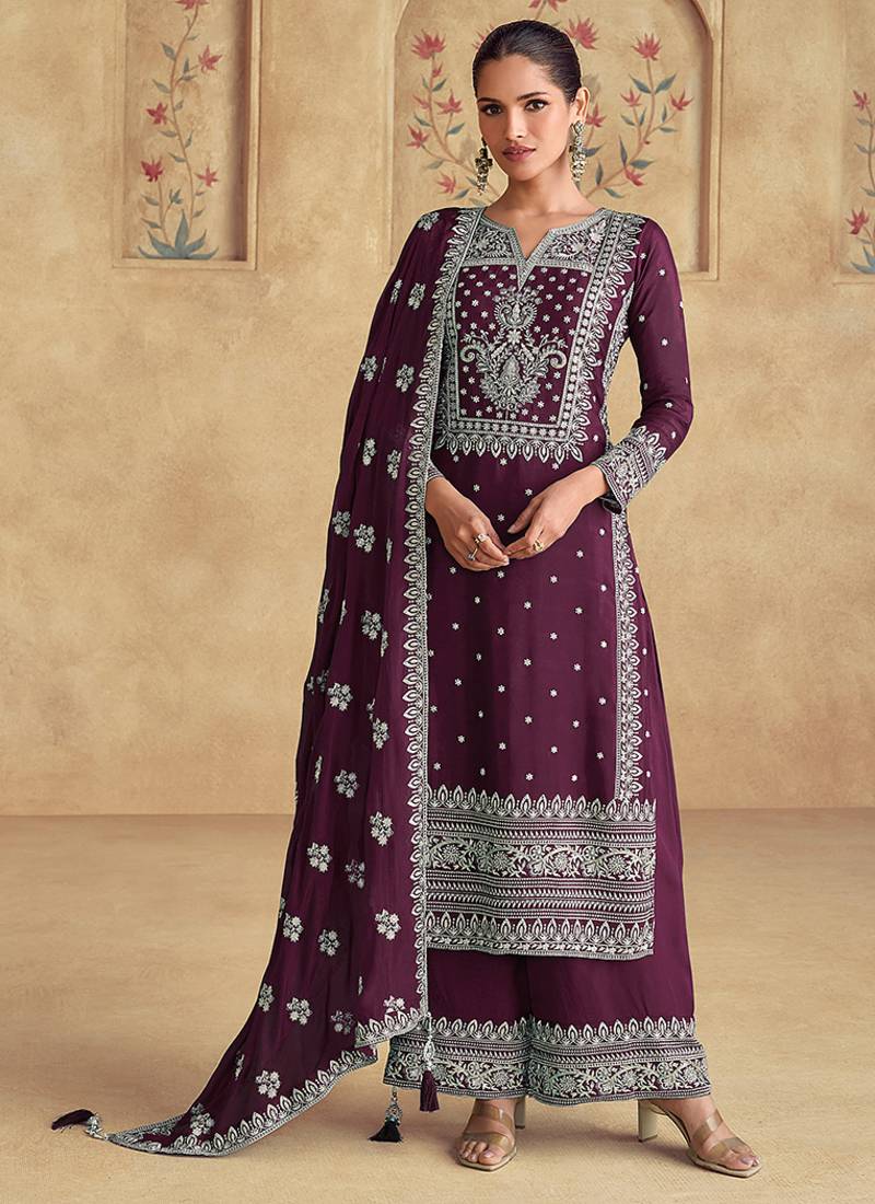 Dark purple georgette with embroidered palazzo suit