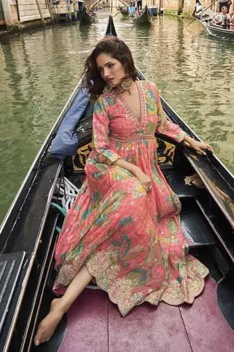 Rose pink chinon silk embroidered work gown