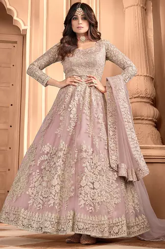 Light pink net with embroidered work anarkali suit