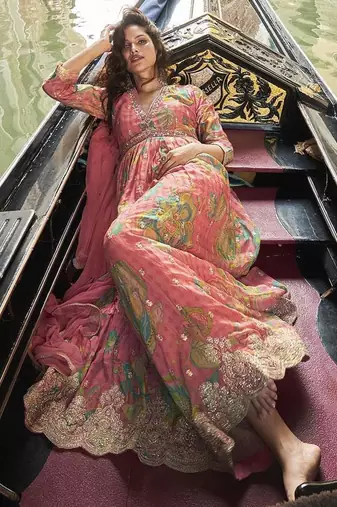 Rose pink chinon silk embroidered work gown