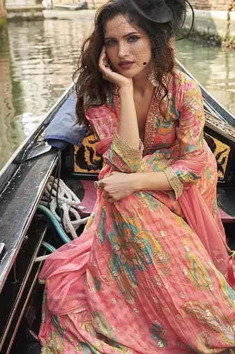 Rose pink chinon silk embroidered work gown