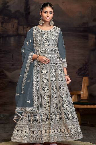 Grey net embroidered anarkali salwar kameez