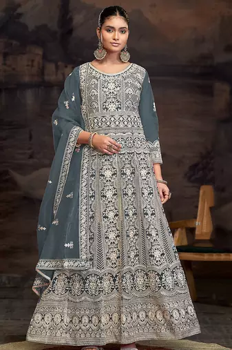 Grey net embroidered anarkali salwar kameez