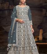 Grey net embroidered anarkali salwar kameez