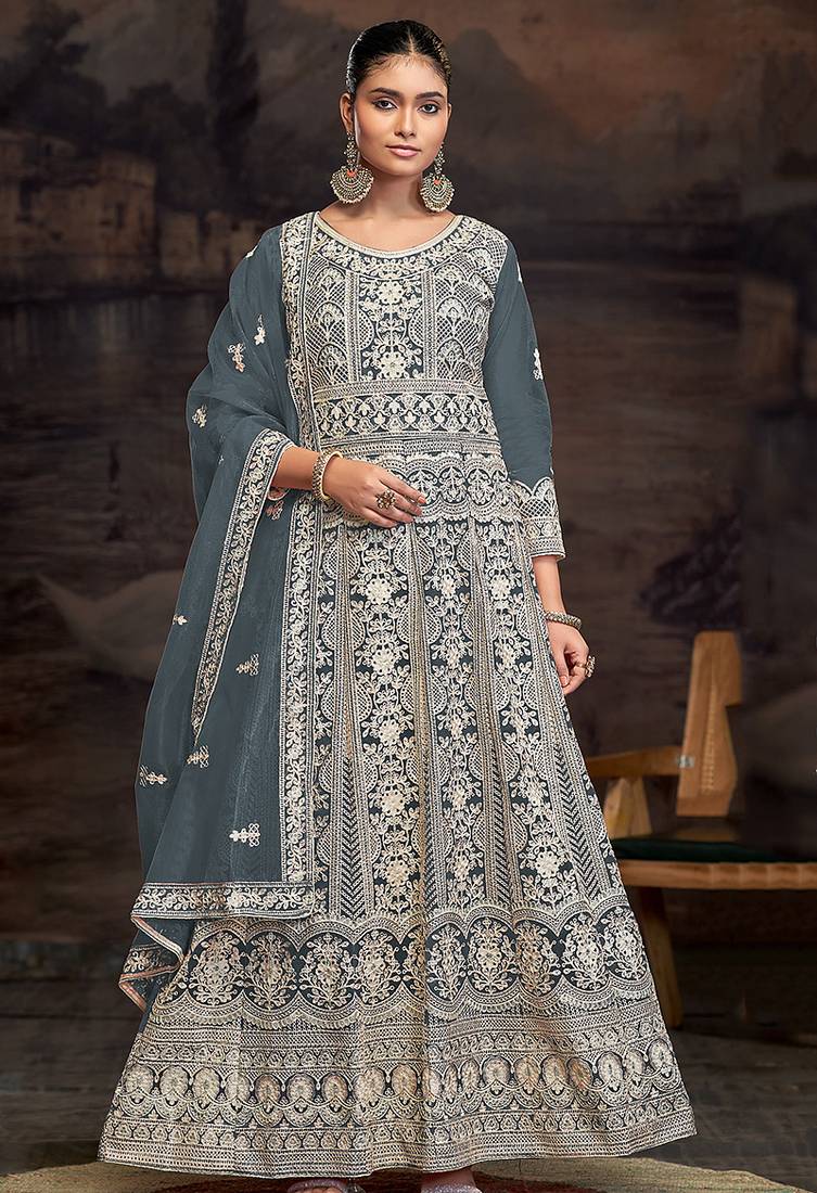 Grey net embroidered anarkali salwar kameez