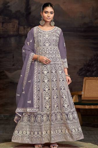 Purple net embroidered anarkali salwar kameez