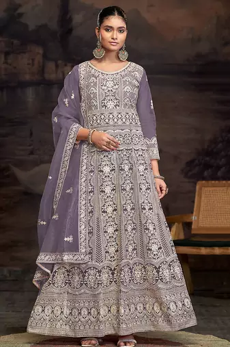 Purple net embroidered anarkali salwar kameez