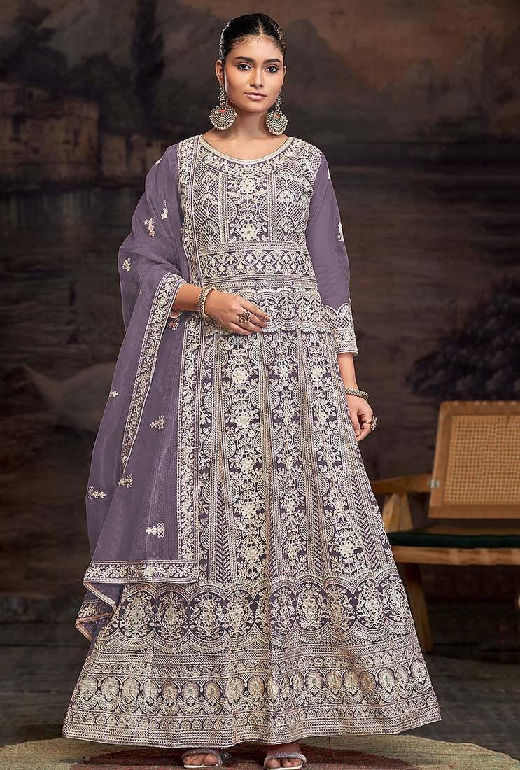 Purple net embroidered anarkali salwar kameez
