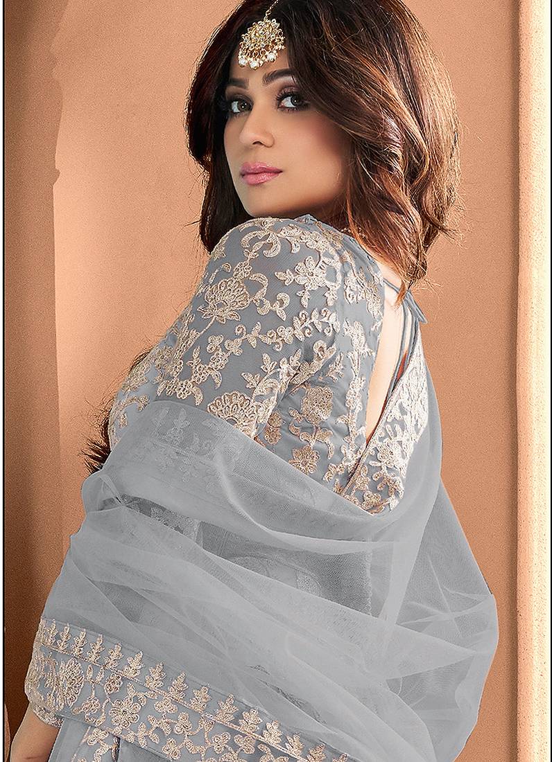 Beige net with embroidered work anarkali suit