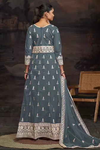 Grey net embroidered anarkali salwar kameez