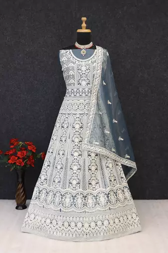 Grey net embroidered anarkali salwar kameez