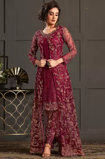 Dark pink net embroidered sequin work suit with shrug