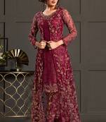 Dark pink net embroidered sequin work suit with shrug