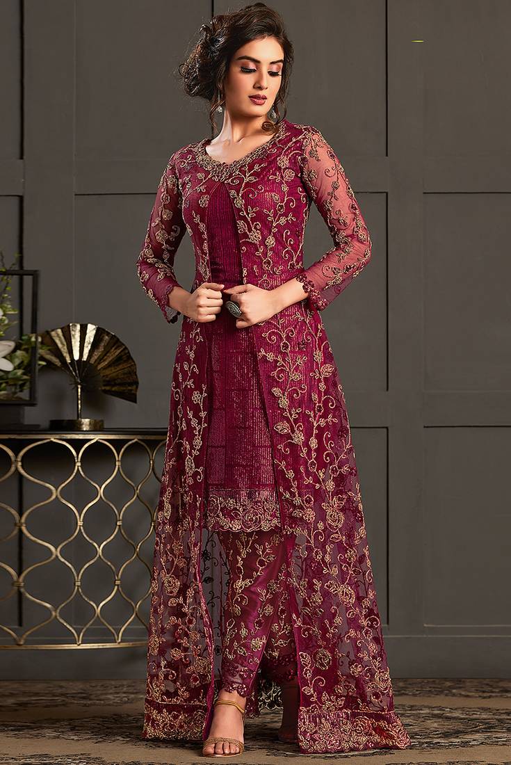 Dark pink net embroidered sequin work suit with shrug