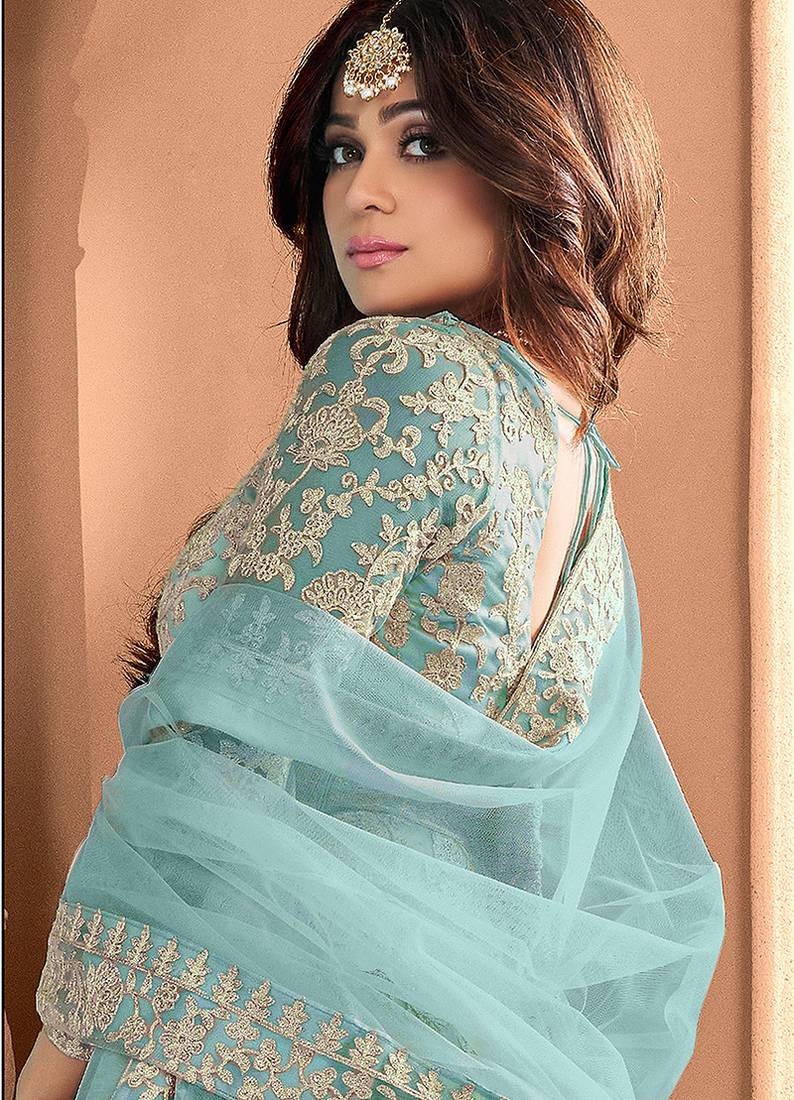 Light blue net with embroidered work anarkali suit