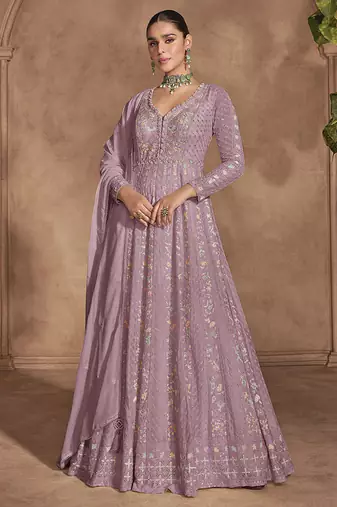 Rose pink chinon embroidered work floor length anarkali suit