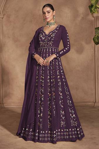 Wine chinon embroidered work floor length anarkali suit