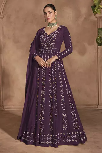 Wine chinon embroidered work floor length anarkali suit