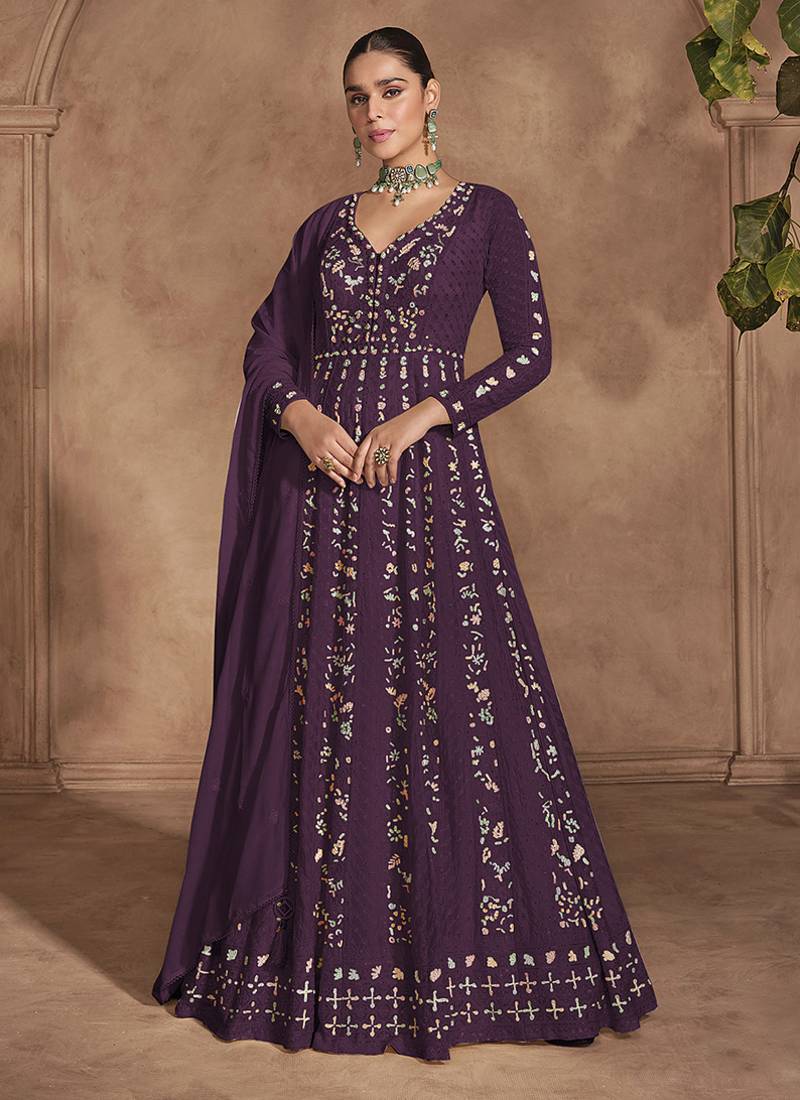 Wine chinon embroidered work floor length anarkali suit