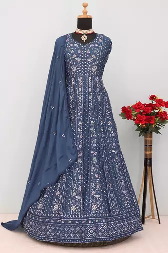 Navy blue chinon embroidered work floor length anarkali suit
