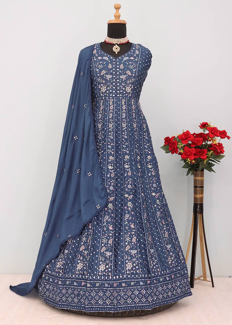 Navy blue chinon embroidered work floor length anarkali suit