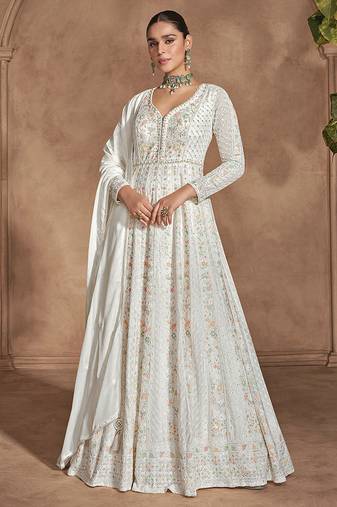 Off white chinon embroidered work floor length anarkali suit