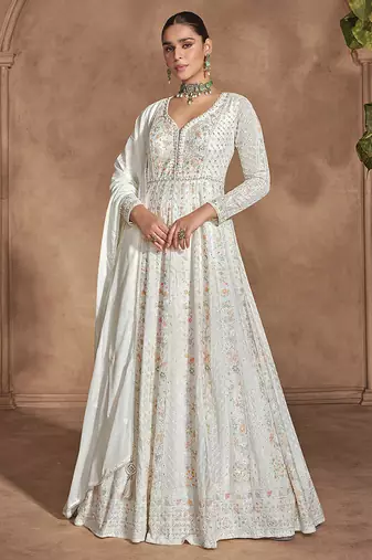 Off white chinon embroidered work floor length anarkali suit