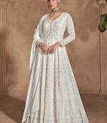 Off white chinon embroidered work floor length anarkali suit