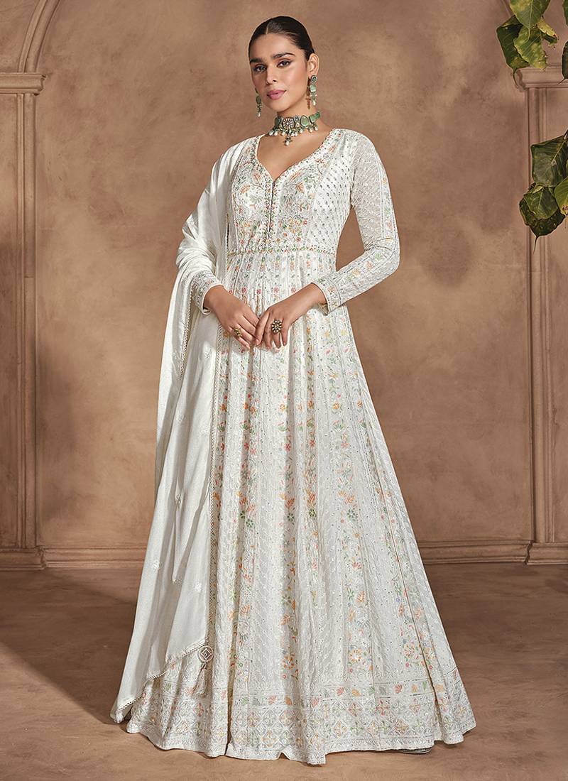 Off white chinon embroidered work floor length anarkali suit