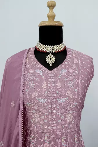 Rose pink chinon embroidered work floor length anarkali suit