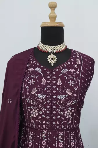 Wine chinon embroidered work floor length anarkali suit