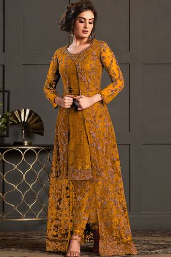 Mustard net embroidered sequin work suit with shrug