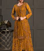 Mustard net embroidered sequin work suit with shrug