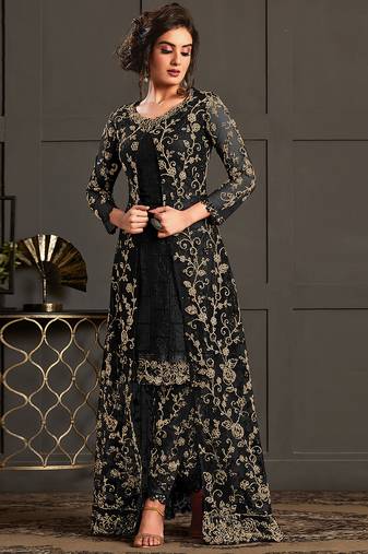Black net embroidered sequin work suit with shrug