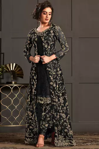 Black net embroidered sequin work suit with shrug