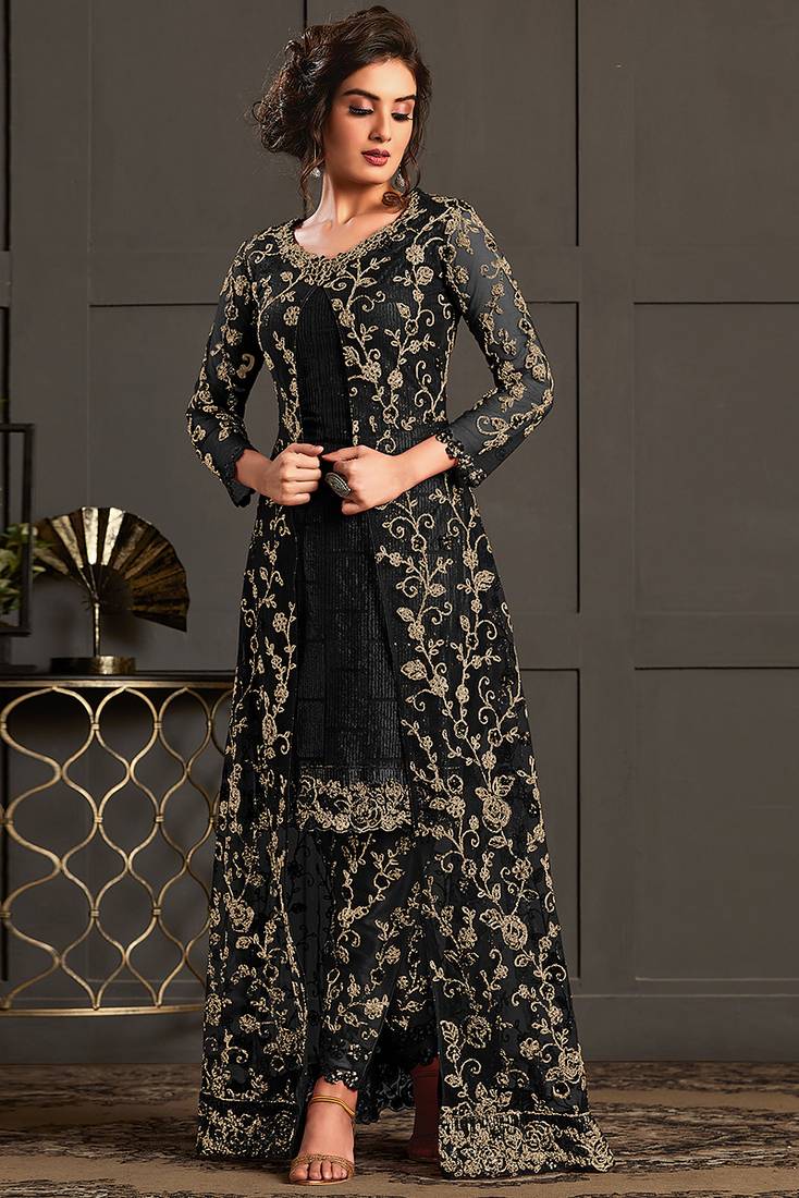 Black net embroidered sequin work suit with shrug