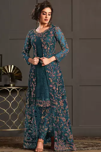 Teal net embroidered sequin work suit with shrug